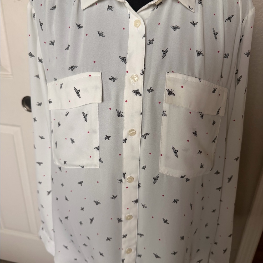 Ann Taylor White Button-Up Shirt with Black bee Motif and Red Dot Accents
